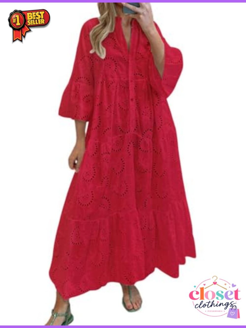 Women Lace Eyelet Embroidery Maxi Dress V-Neck 34 Flare Sleeve Boho Flowy Swing
